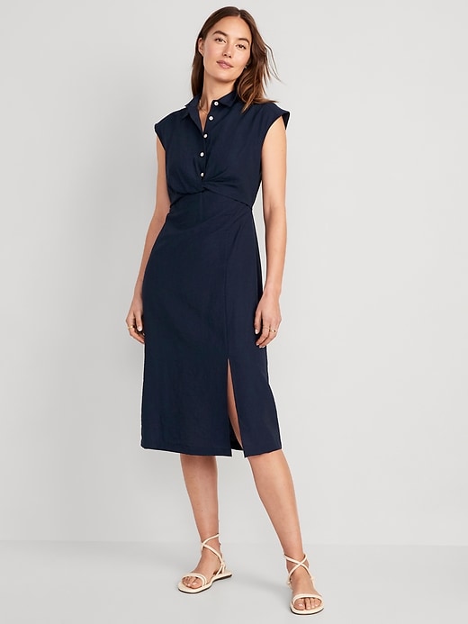 Waist-Defined Twist-Front Midi Shirt Dress for Women | Old Navy
