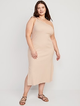 Fitted One-Shoulder Double-Strap Rib-Knit Midi Dress for Women | Old Navy