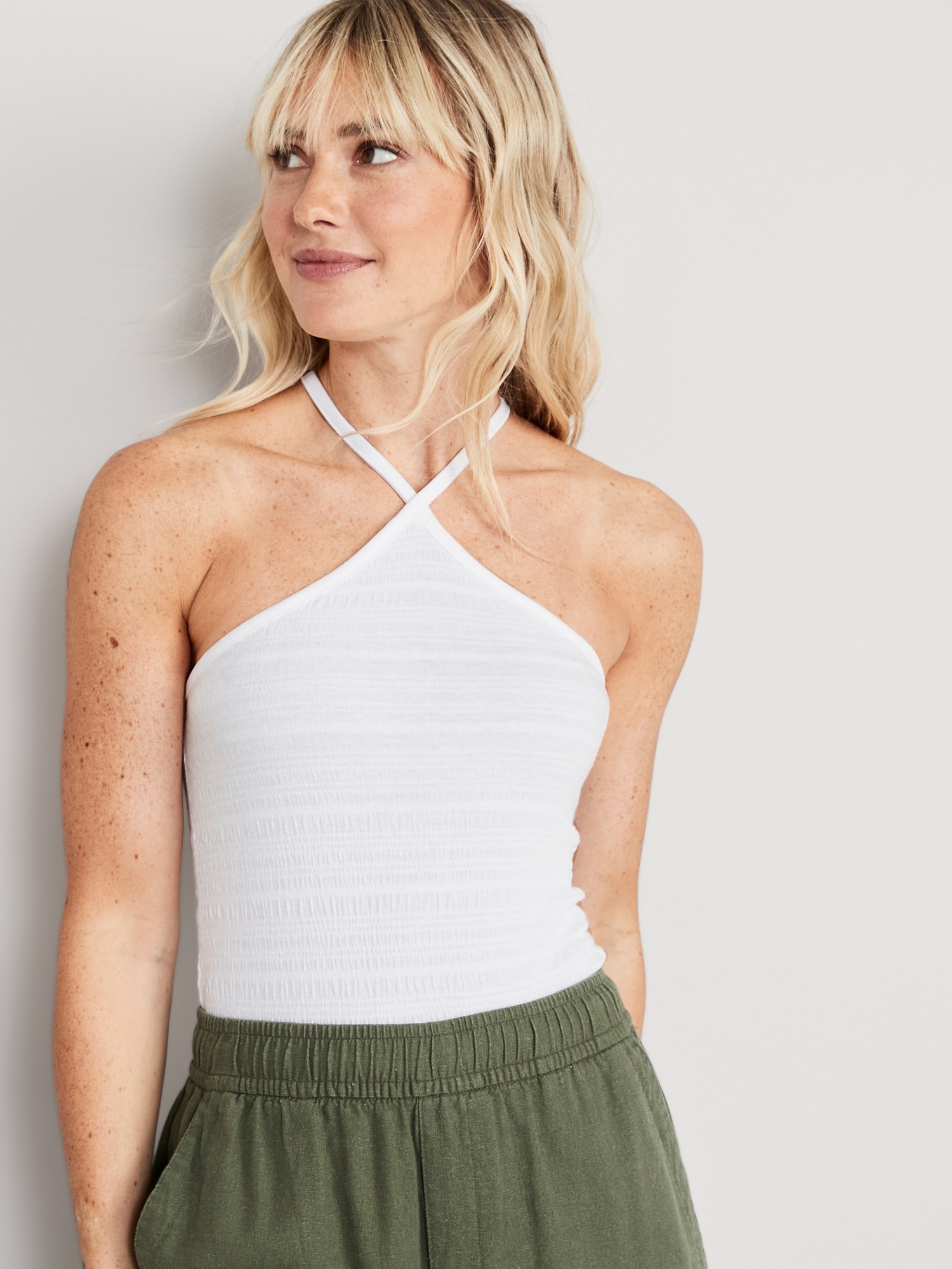 Old Navy Cropped Smocked Crossover Halter Cami Top for Women white. 1