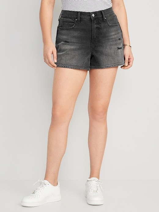 Image number 5 showing, Higher High-Waisted Black-Wash A-Line Ripped Jean Shorts -- 3-inch inseam
