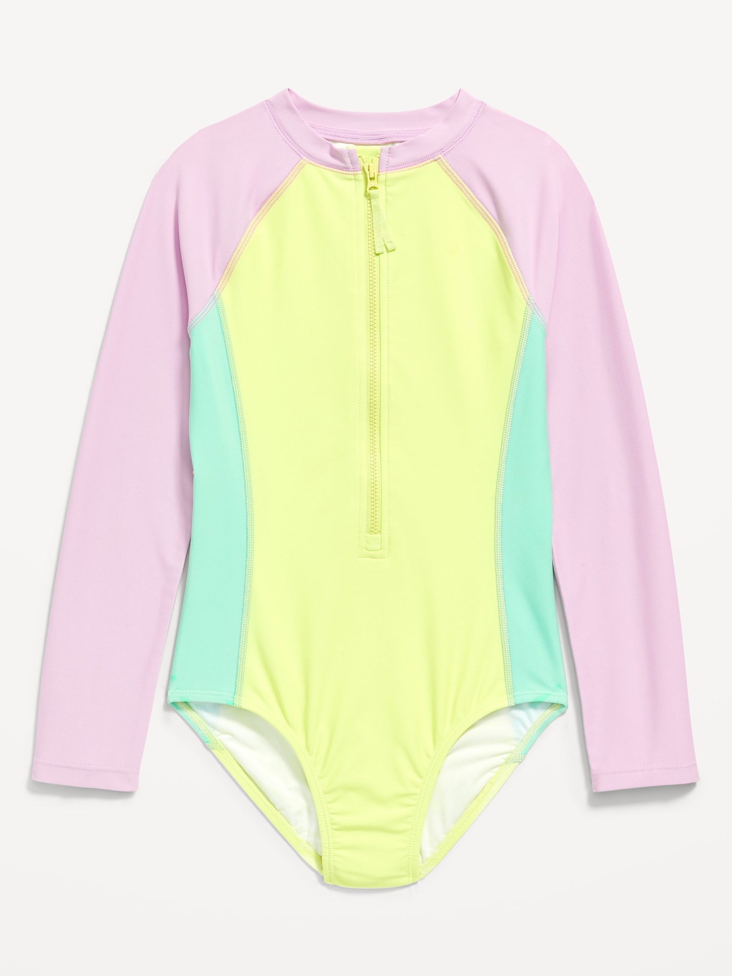 Old Navy Color-Block Zip-Front Rashguard One-Piece Swimsuit for Girls yellow. 1