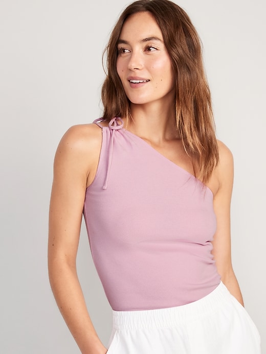 Image number 1 showing, Fitted One-Shoulder Rib-Knit Double Tie-Strap Top