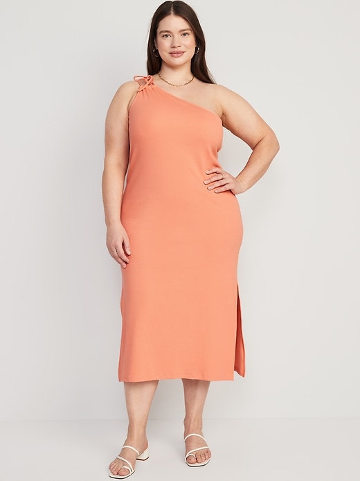 Image number 7 showing, Fitted One-Shoulder Double-Strap Rib-Knit Midi Dress