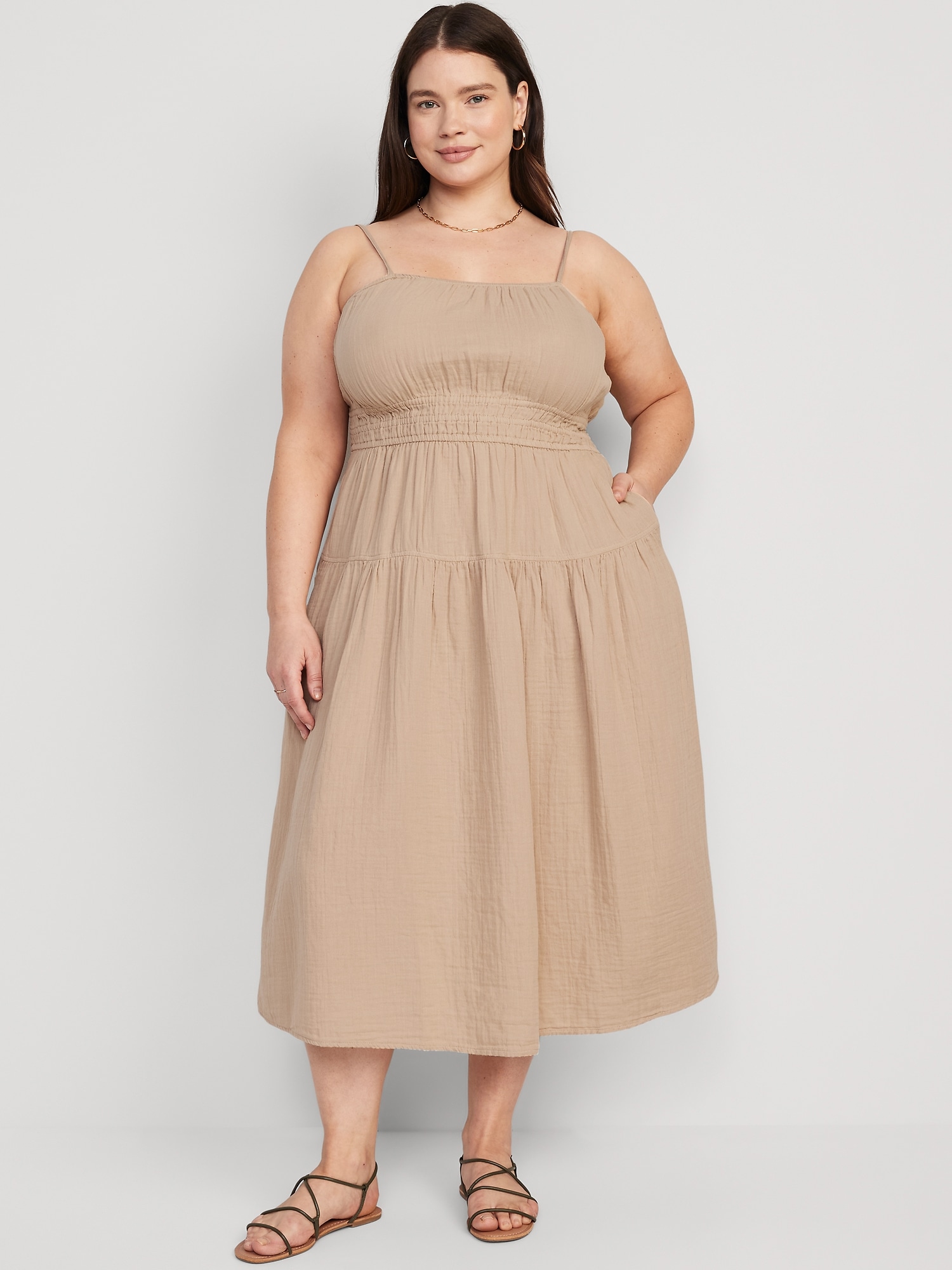 Waist-Defined Smocked Tiered Midi Cami Dress