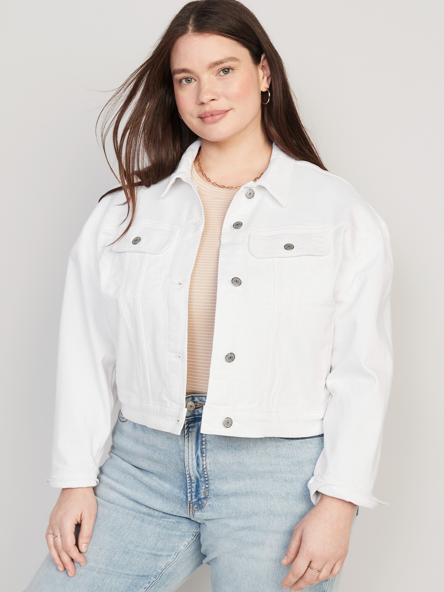 Women's Cropped Denim Jacket - Distressed Long Sleeve Button Down With Pockets