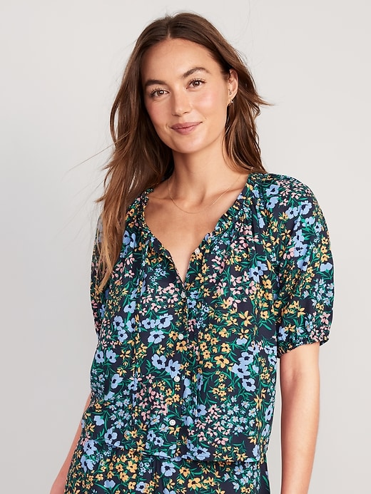 Image number 1 showing, Floral Elbow-Sleeve Pajama Swing Top