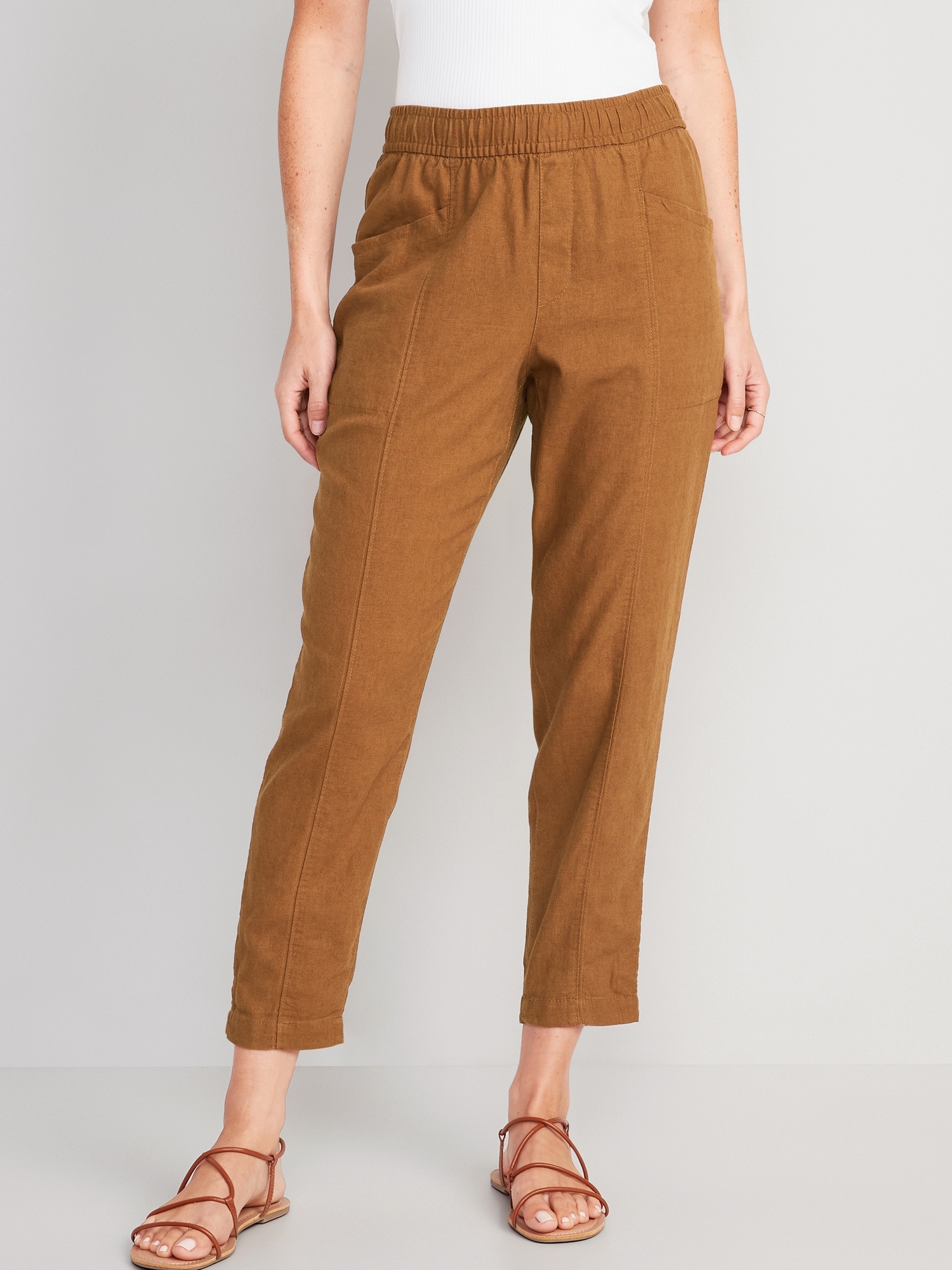 Old Navy High-Waisted Cropped Linen-Blend Tapered Pants for Women beige. 1