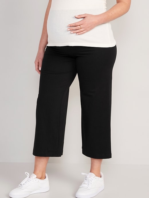 View large product image 1 of 4. Maternity Rollover-Waist Wide-Leg Cropped Jersey Pants