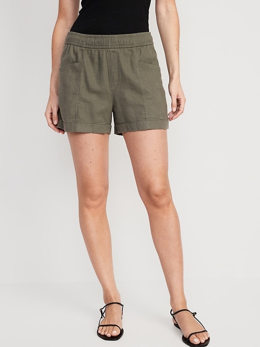 Image number 1 showing, High-Waisted Linen-Blend Utility Shorts for Women -- 3.5-inch inseam