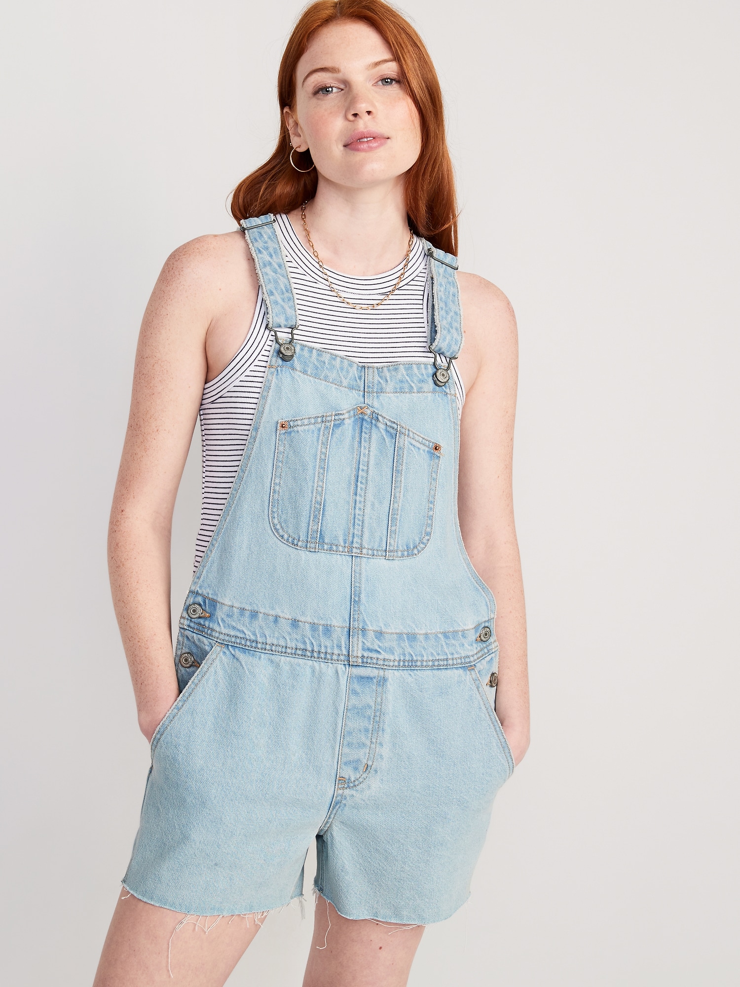 Old Navy Slouchy Straight Non-Stretch Jean Cut-Off Short Overalls for Women -- 3.5-inch inseam blue. 1