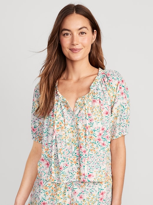 Image number 1 showing, Floral Elbow-Sleeve Pajama Swing Top