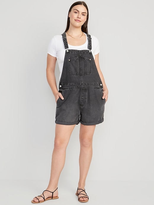 Image number 5 showing, Slouchy Straight Non-Stretch Black Jean Short Overalls -- 3.5-inch inseam