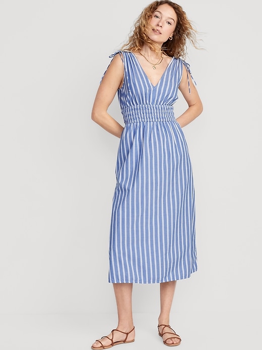 Image number 1 showing, Fit & Flare Sleeveless Striped Tie-Shoulder Smocked Maxi Dress