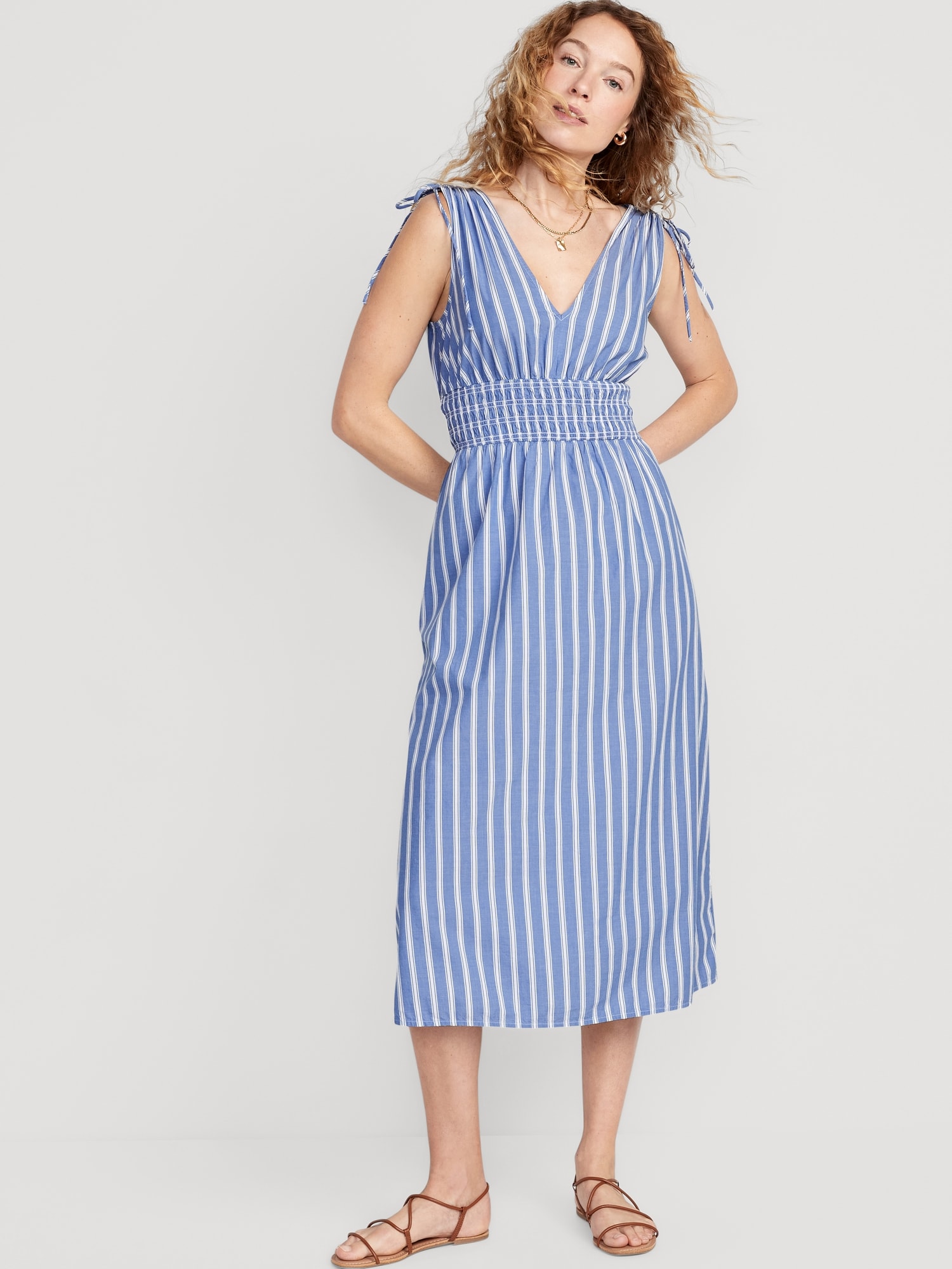 Fit & Flare Sleeveless Striped Tie-Shoulder Smocked Maxi Dress