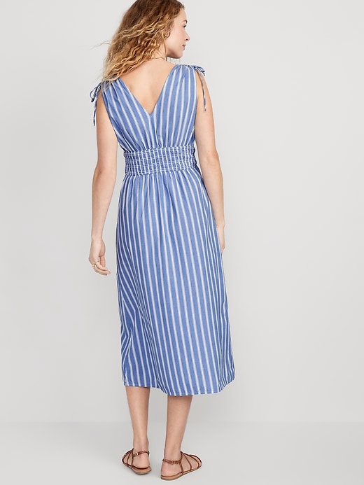 Image number 2 showing, Fit & Flare Sleeveless Striped Tie-Shoulder Smocked Maxi Dress