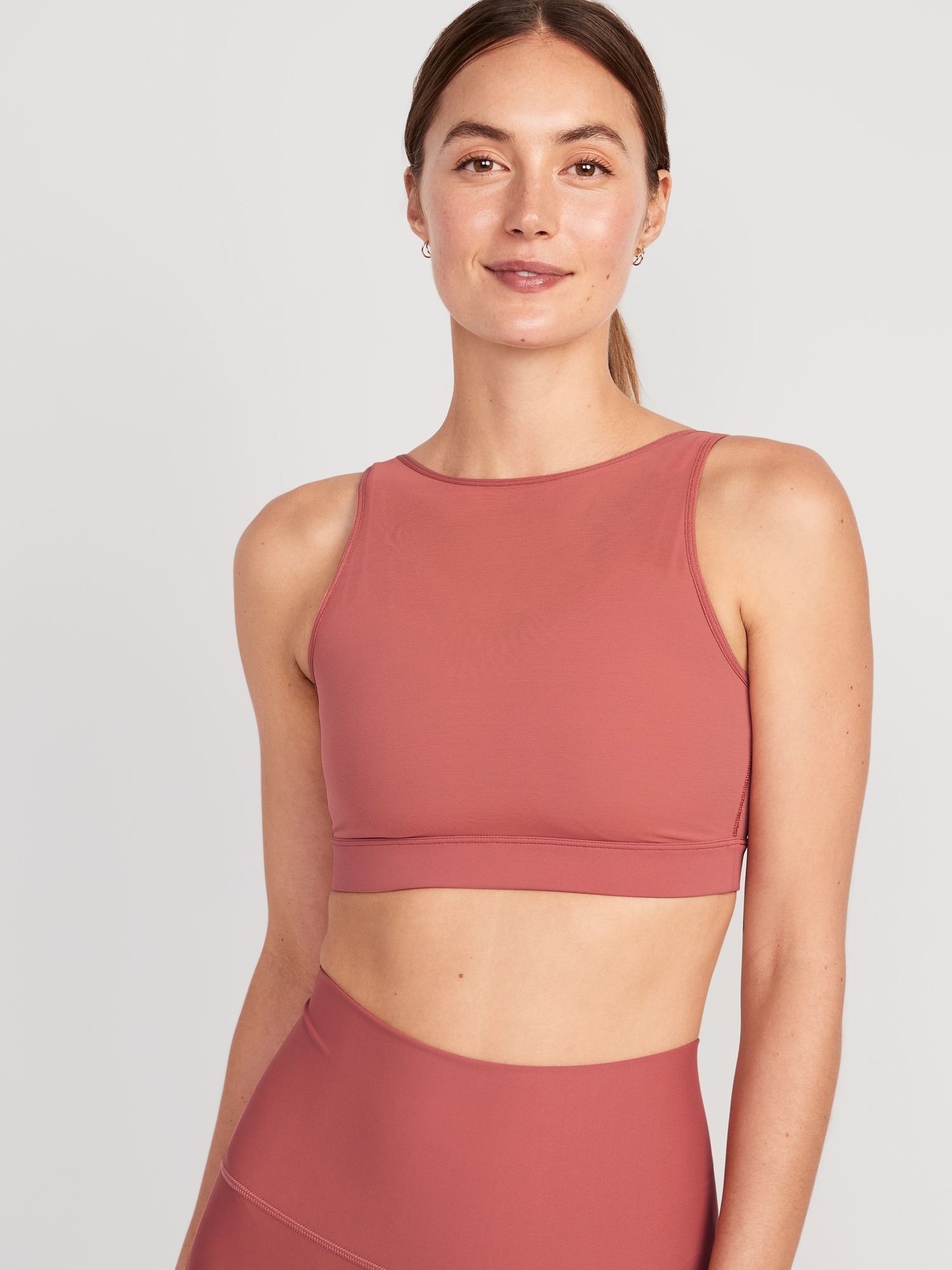 Old Navy Medium Support PowerSoft Layered-Mesh Sports Bra for Women pink. 1