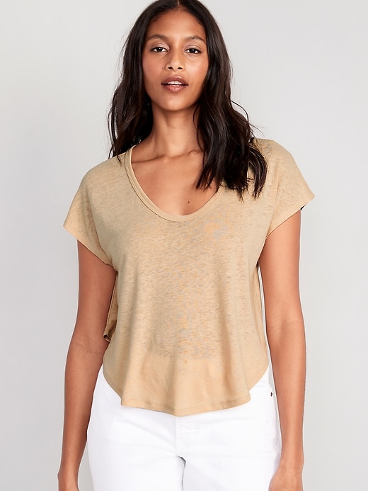 Image number 1 showing, Linen-Blend Crop Voop-Neck T-Shirt