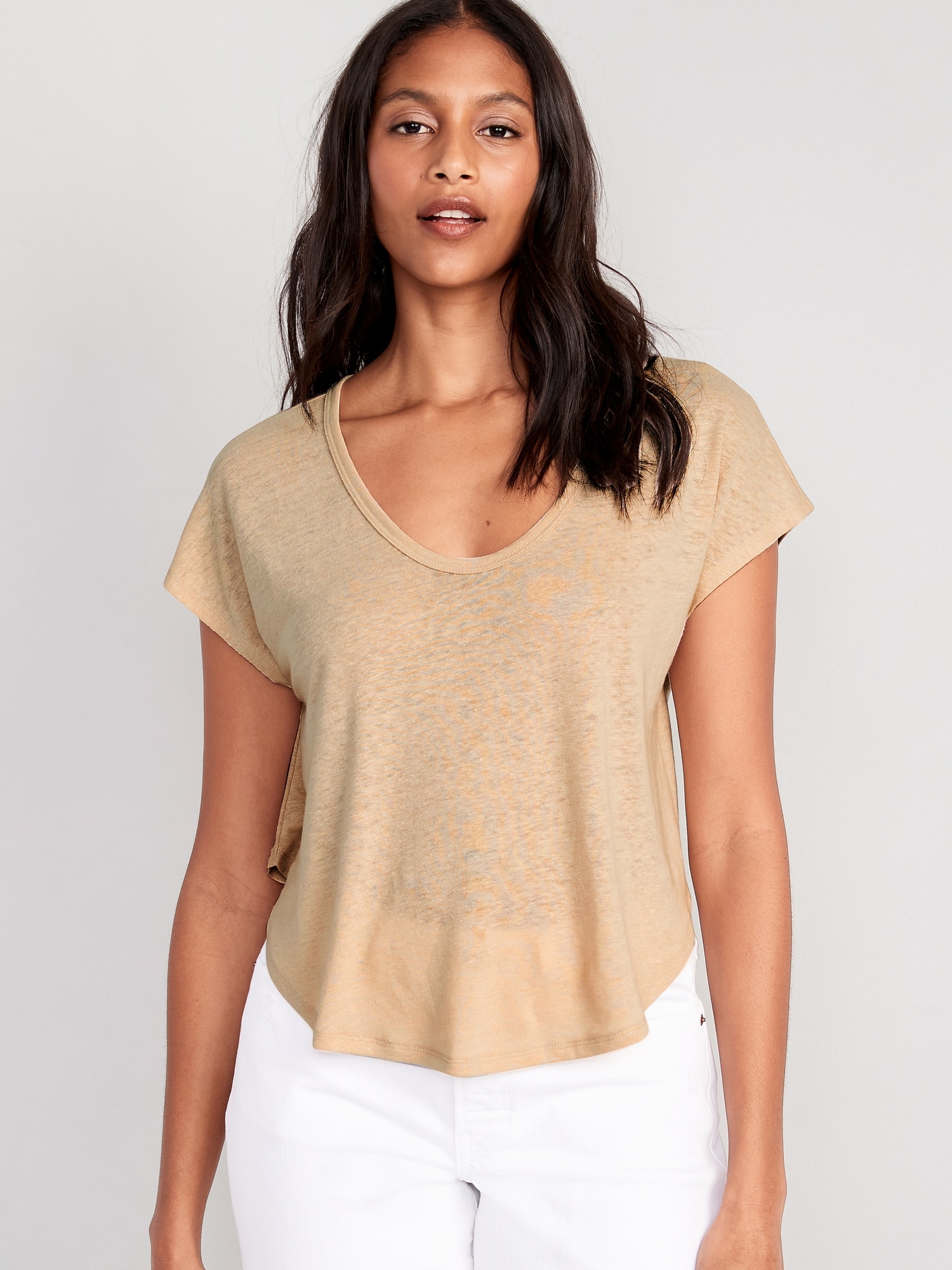 Old Navy Linen-Blend Cropped Voop-Neck T-Shirt for Women beige. 1