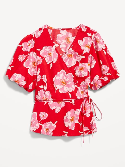 Image number 2 showing, Waist-Defined Floral Puff-Sleeve Tie-Wrap Blouse