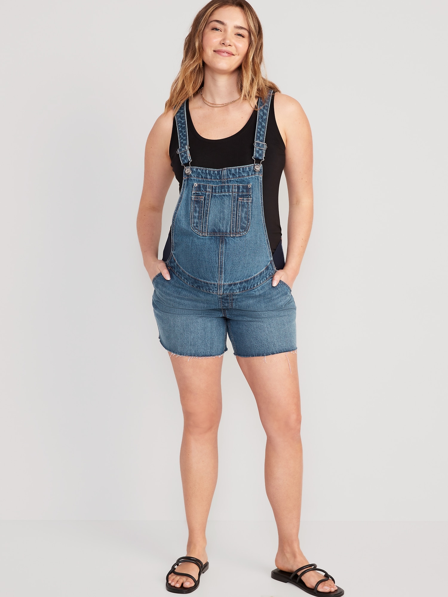 Old Navy Maternity Side-Panel Slouchy Non-Stretch Jean Cut-Off Shortalls -- 5-inch inseam blue. 1