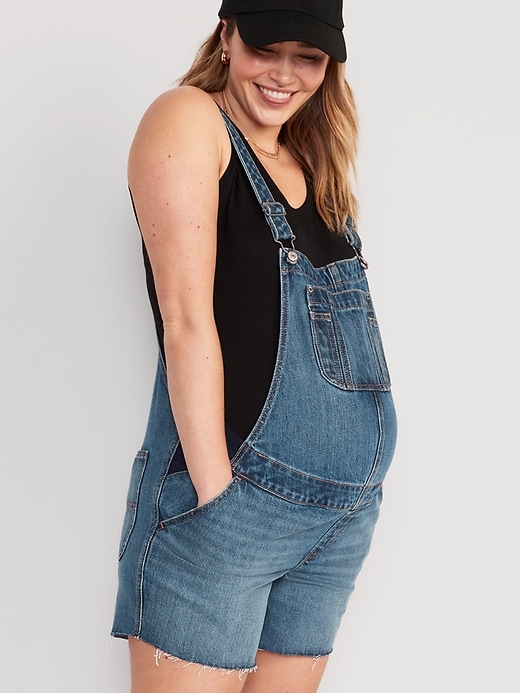 Image number 3 showing, Maternity Side-Panel Slouchy Non-Stretch Jean Cut-Off Shortalls -- 5-inch inseam