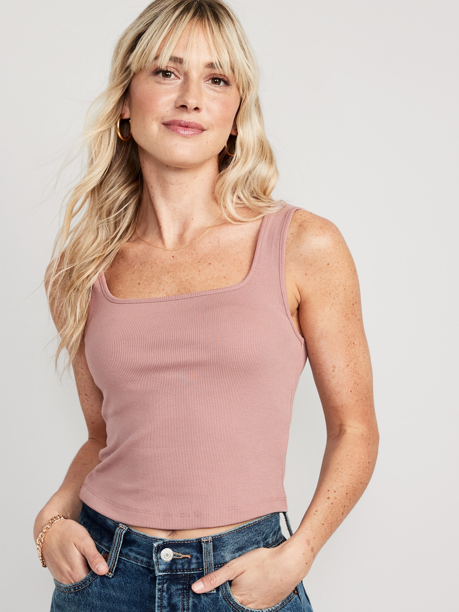 Old Navy Fitted Square-Neck Ultra-Cropped Rib-Knit Tank Top for Women pink. 1