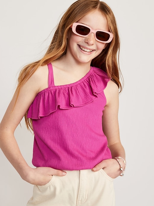 View large product image 1 of 3. Ruffled Puckered-Jacquard Knit One-Shoulder Top for Girls