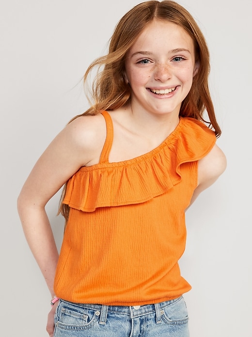 View large product image 1 of 3. Ruffled Puckered-Jacquard Knit One-Shoulder Top for Girls