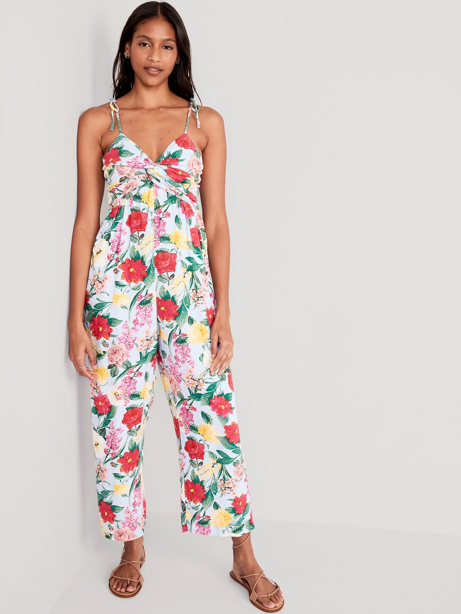 Tie-Shoulder Cropped Twist-Front Smocked Jumpsuit