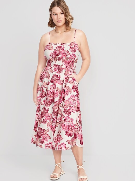Waist-Defined Floral Linen-Blend Smocked Midi Cami Dress | Old Navy