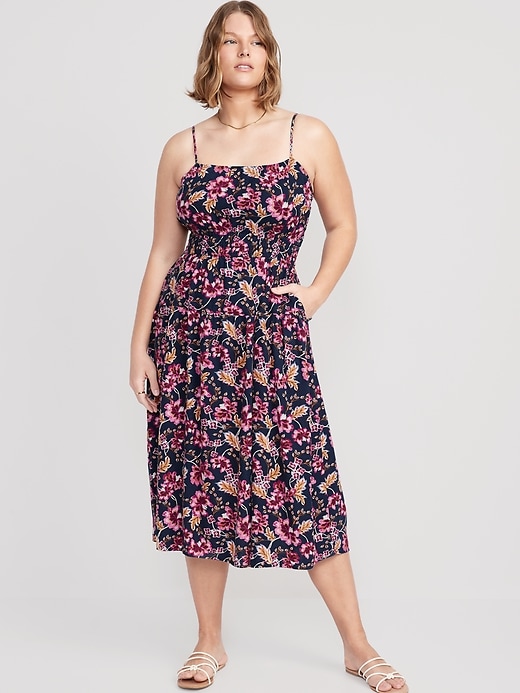 Image number 5 showing, Waist-Defined Floral Linen-Blend Smocked Midi Cami Dress for Women