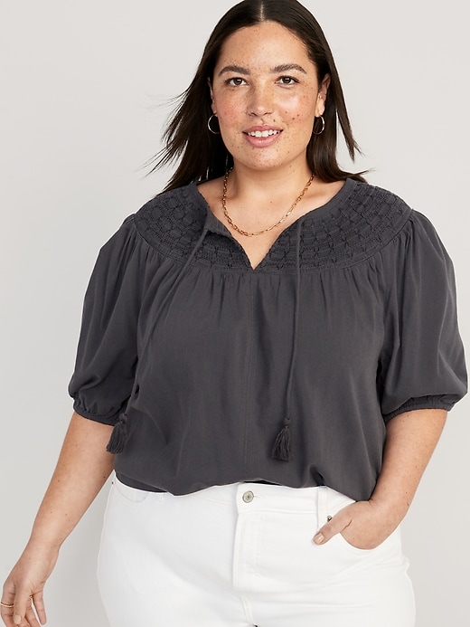 Image number 7 showing, Puff-Sleeve Tie-Front Embroidered Swing Top