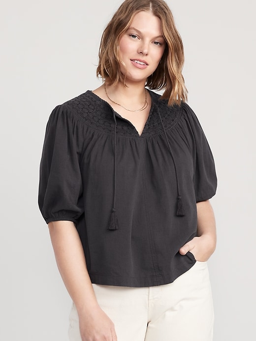 Image number 5 showing, Puff-Sleeve Tie-Front Embroidered Swing Top