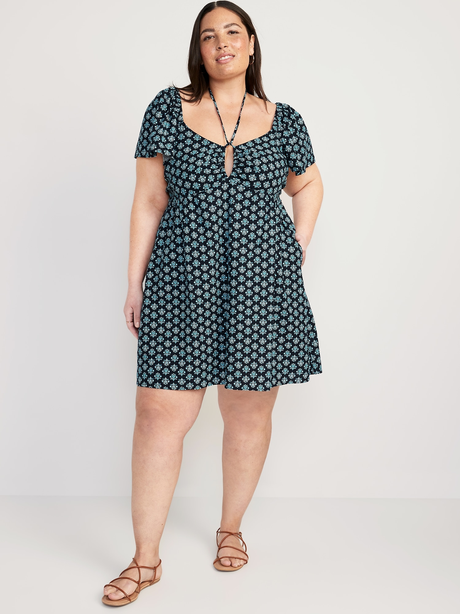 Flutter-Sleeve Linen-Blend Halter Keyhole Mini Swing Dress | Old Navy