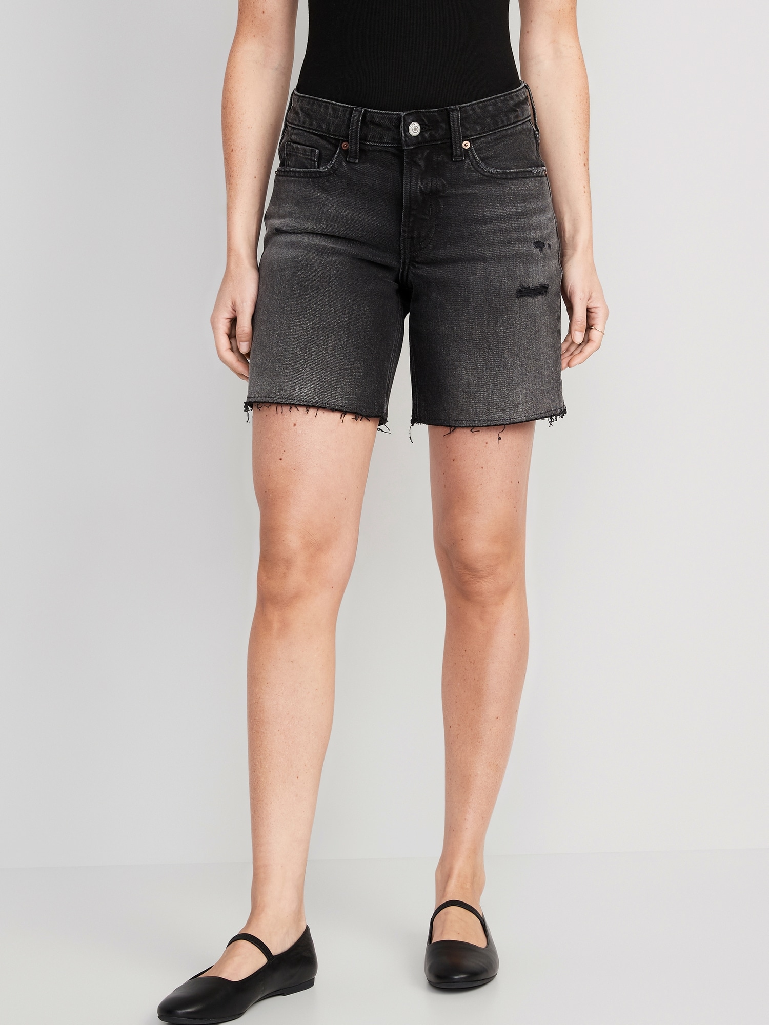 Old Navy Mid-Rise OG Loose Ripped Cut-Off Jean Shorts for Women -- 7-inch inseam black. 1