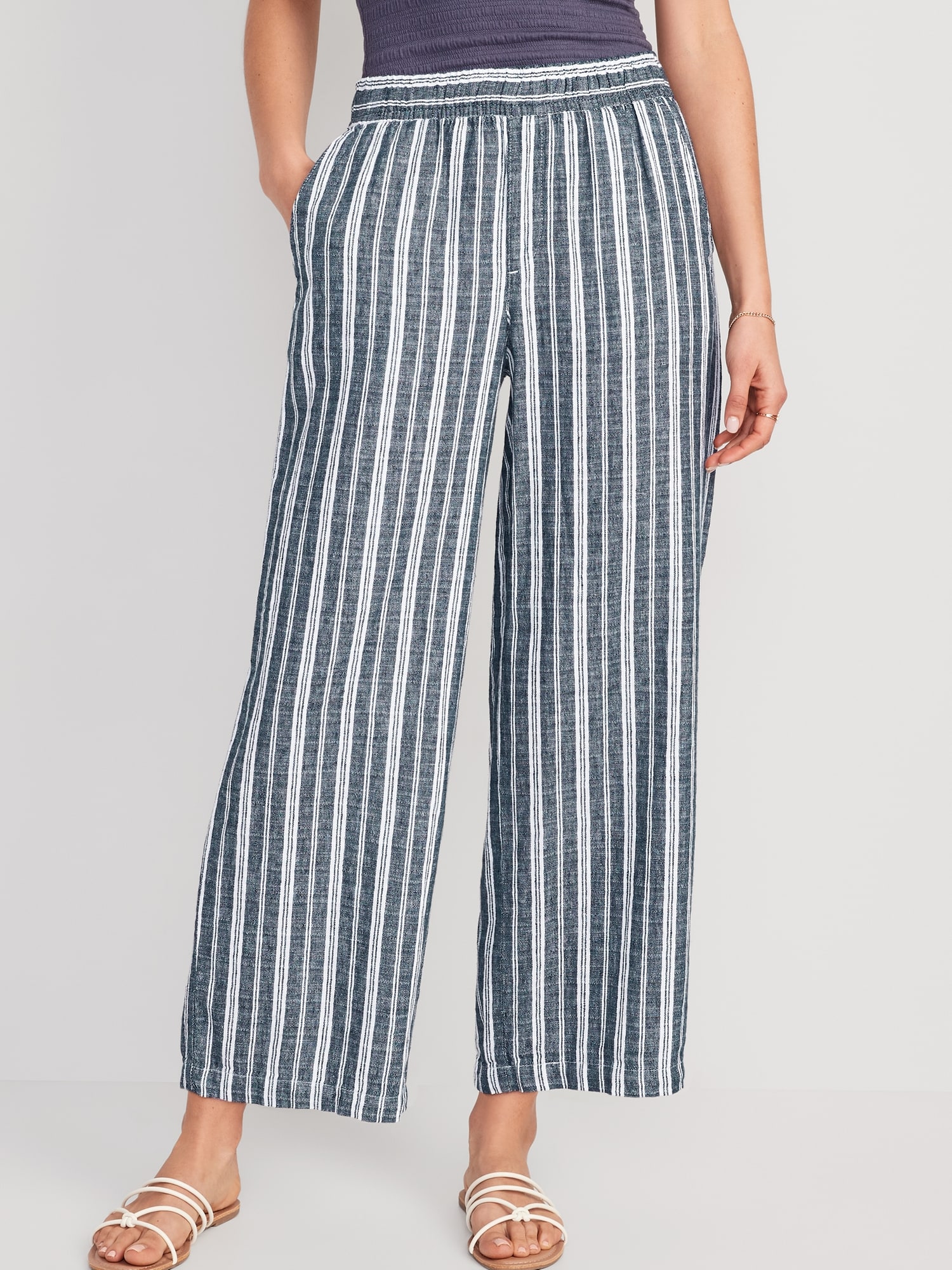 High-Waisted Striped Linen-Blend Wide-Leg Pants for Women, Old Navy