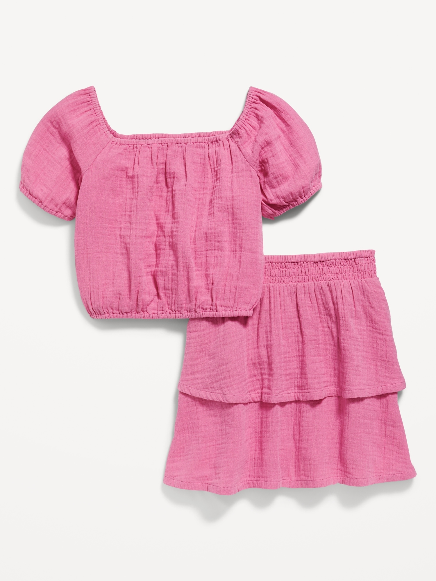 Old Navy Double-Weave Cropped Puff-Sleeve Top & Tiered Skirt Set for Girls pink. 1