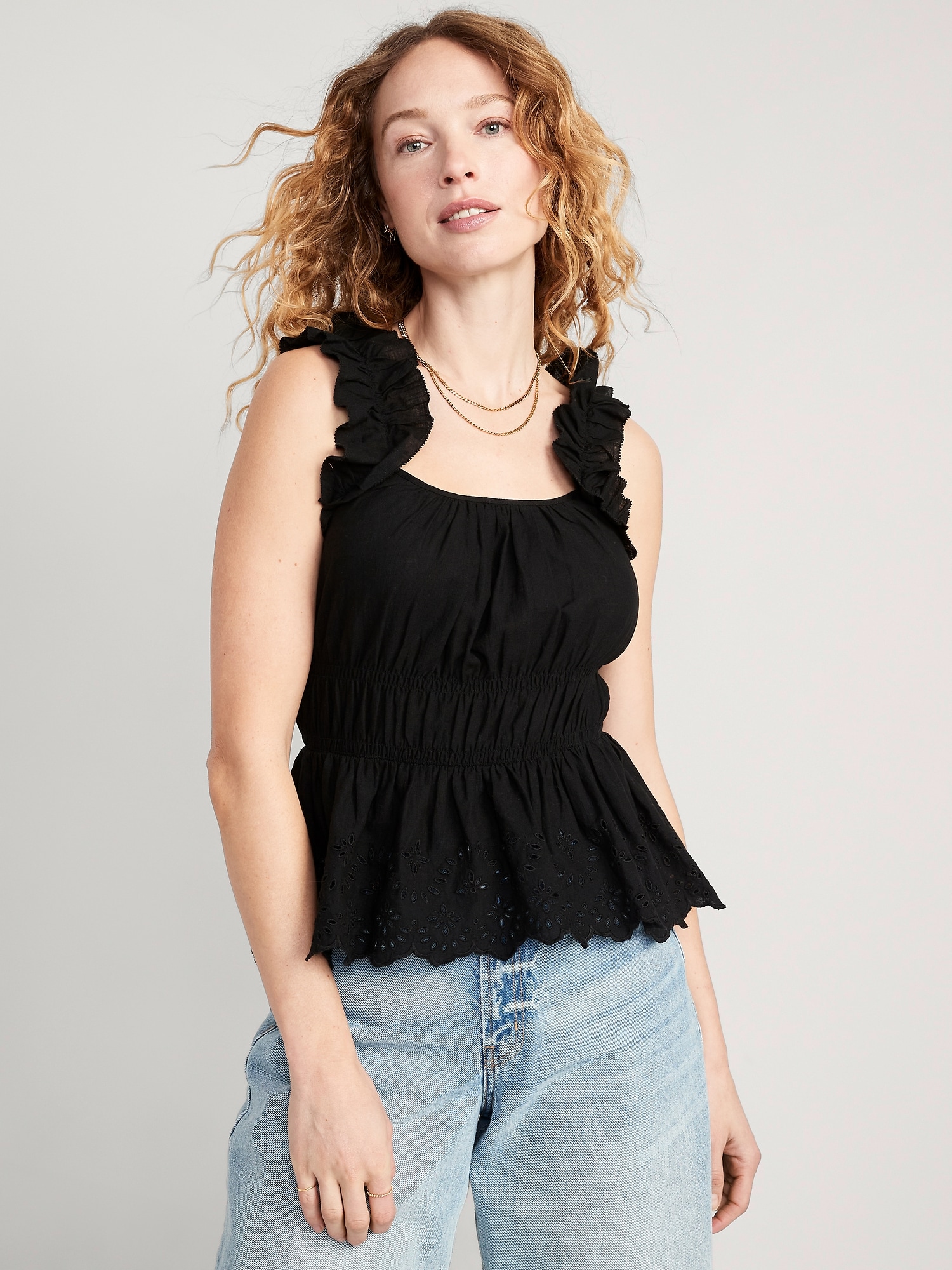 Old Navy Sleeveless Waist-Defined Ruffle-Trim Embroidered Babydoll Blouse for Women black. 1