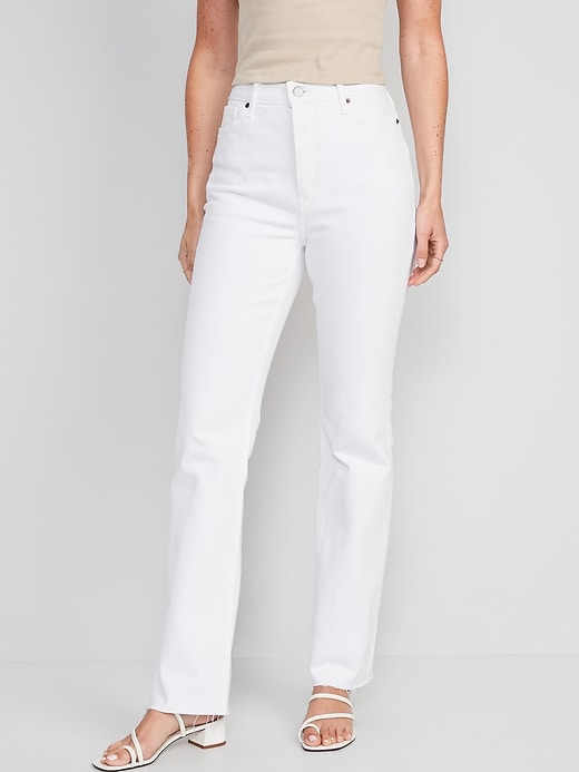 Image number 1 showing, Extra High-Waisted Button-Fly White-Wash Cut-Off Kicker Boot-Cut Jeans