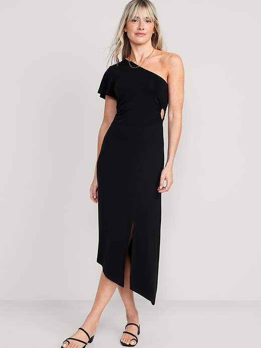 Fitted One-Shoulder Asymmetric Cutout Midi Dress | Old Navy