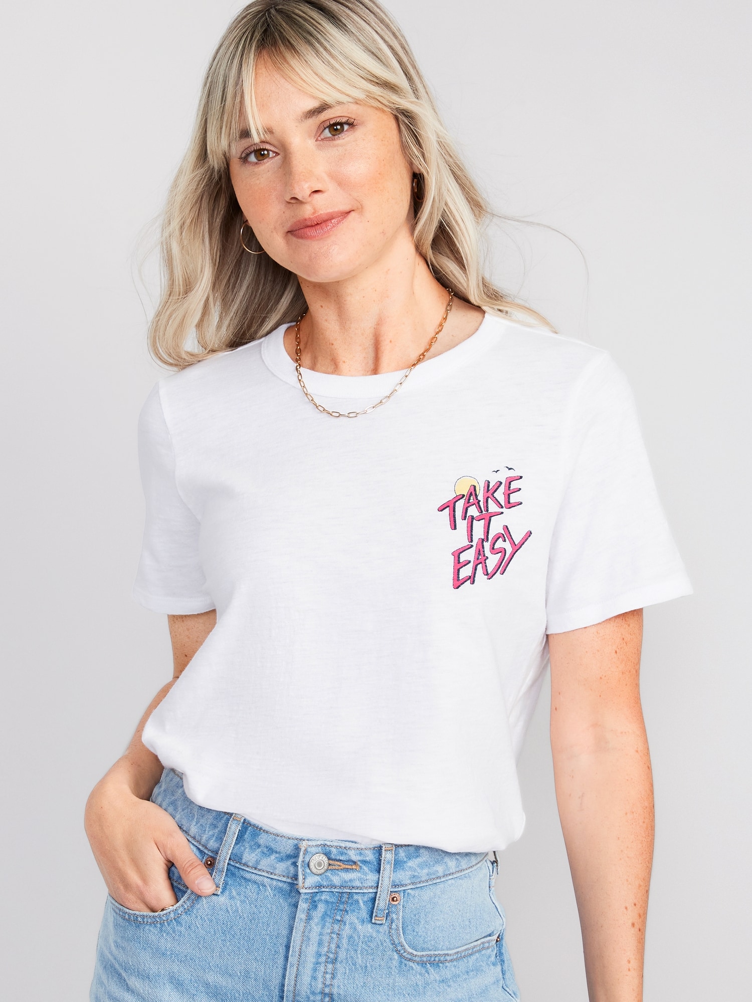 Old Navy EveryWear Slub-Knit Graphic T-Shirt for Women white. 1
