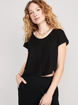 Linen-Blend Cropped Voop-Neck T-Shirt | Old Navy