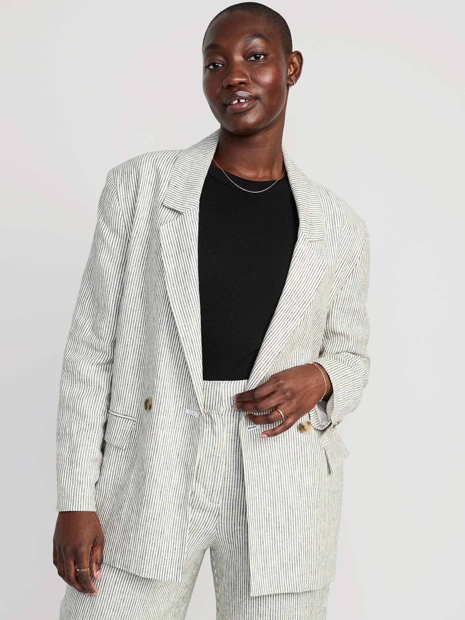 Striped Double-Breasted Linen-Blend Blazer for Women | Old Navy
