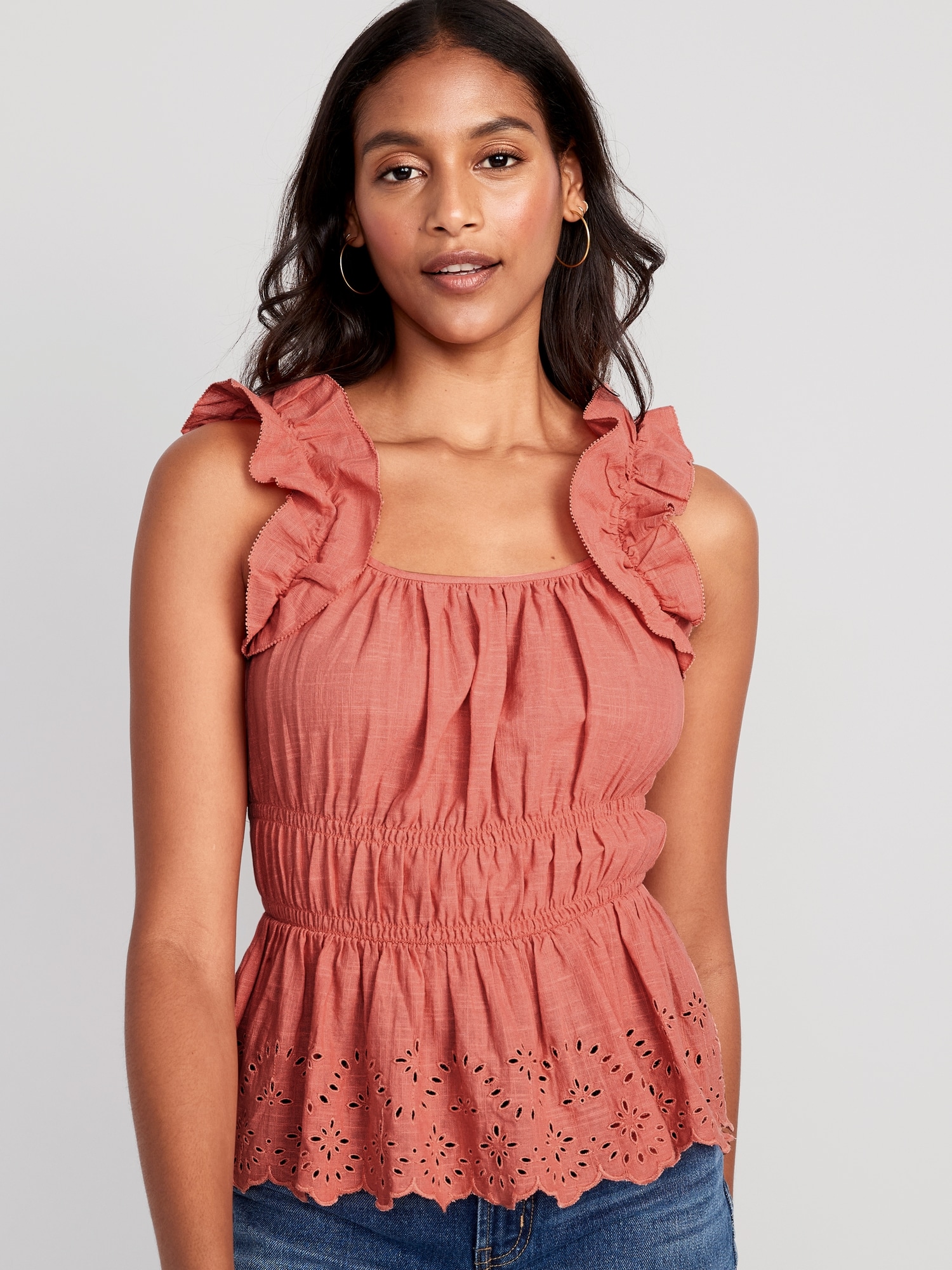 Old Navy Sleeveless Waist-Defined Ruffle-Trim Embroidered Babydoll Blouse for Women pink. 1