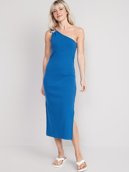 Image number 1 showing, Fitted One-Shoulder Double-Strap Rib-Knit Midi Dress