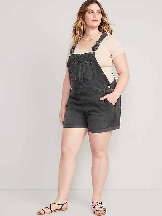 Image number 7 showing, Slouchy Straight Non-Stretch Black Jean Short Overalls -- 3.5-inch inseam