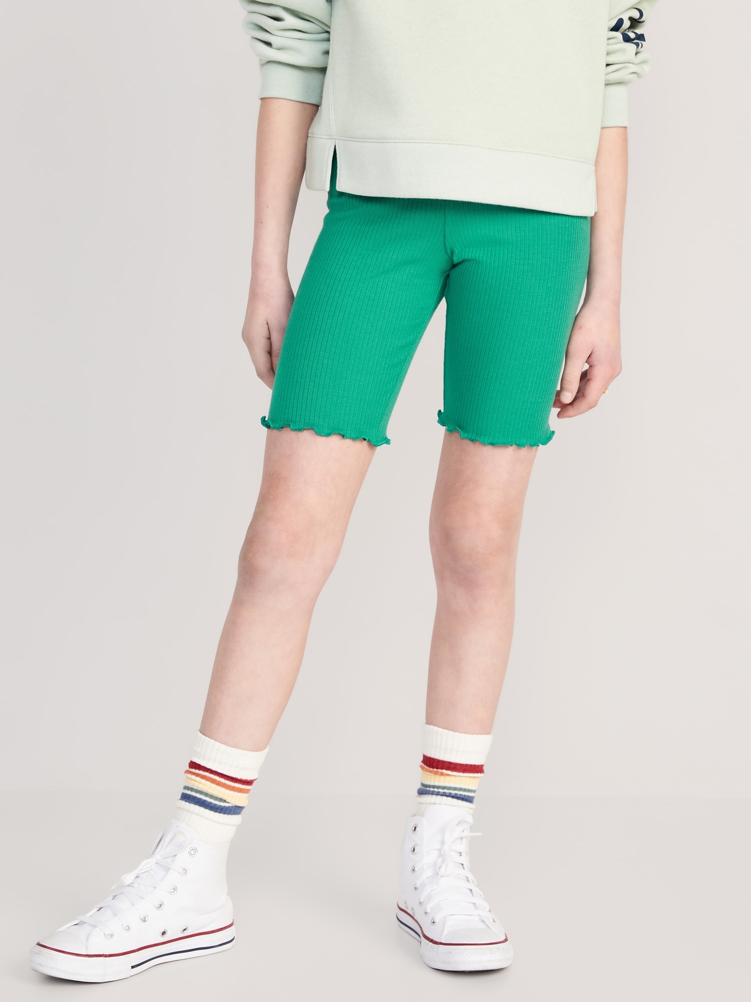 Old Navy Rib-Knit Lettuce-Edged Long Biker Shorts for Girls green. 1