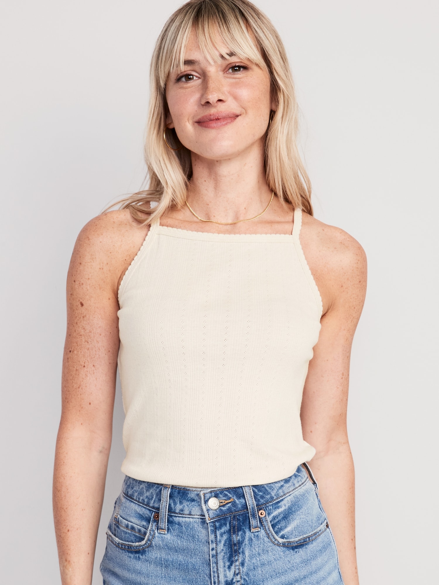 Old Navy Scallop-Trimmed Pointelle-Knit Cami Top for Women beige. 1