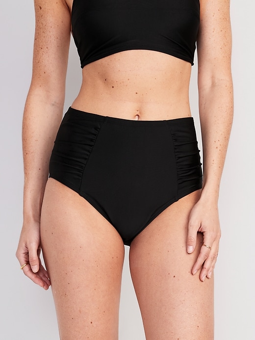 Image number 1 showing, High-Waisted Printed Ruched Bikini Swim Bottoms
