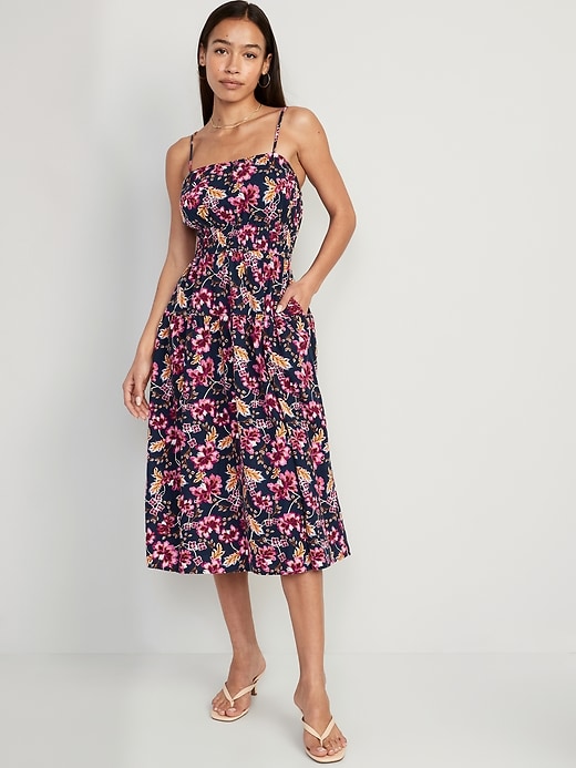 Image number 1 showing, Waist-Defined Floral Linen-Blend Smocked Midi Cami Dress for Women